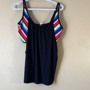 La Vie En Rose Black Swim Tank Top with Rainbow Stripe Panels